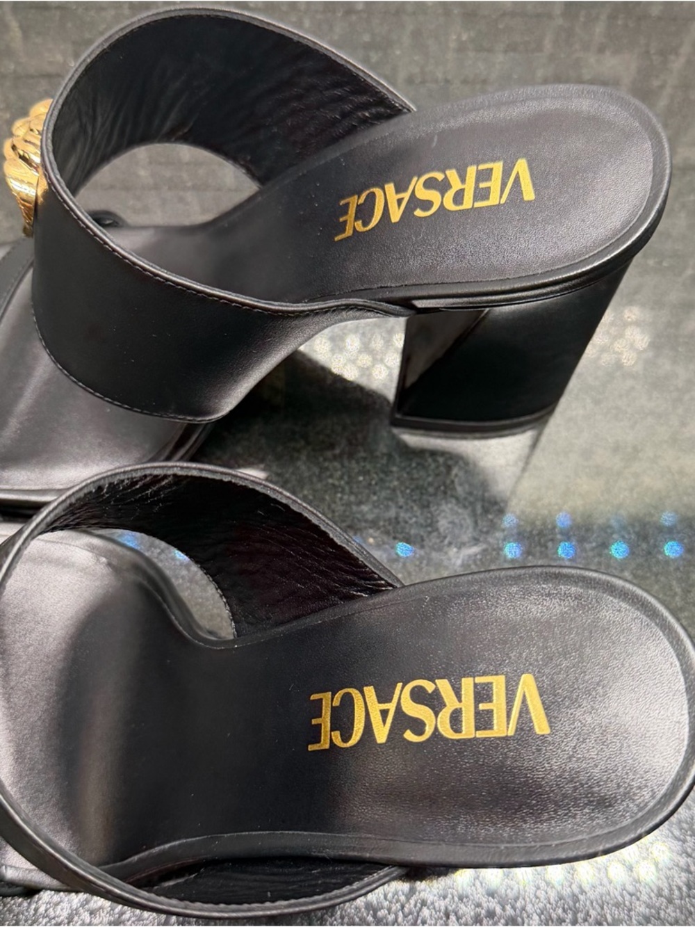 Versace Black Leather Platform Sandals Medallion Logo Slip On Women's EU 38 - Picture 5 of 7